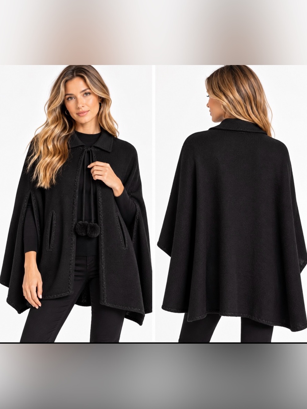 Patricia Nash NWT Black Knit Cape Poncho Pom Pom Tie One Size